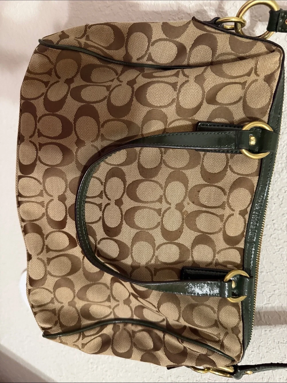 Coach Signature Crossbody with Green Leather Trim